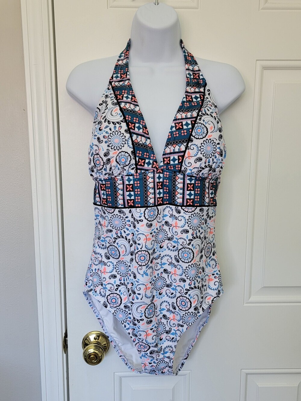 Venus Athens One Piece Swimsuit Lotus Flower Blue Boho Halter Neck Size 12 EUC